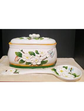 Soup Serving Bowl With 3 Dimensional Butterflies , Flowers, Soup Latel Decor